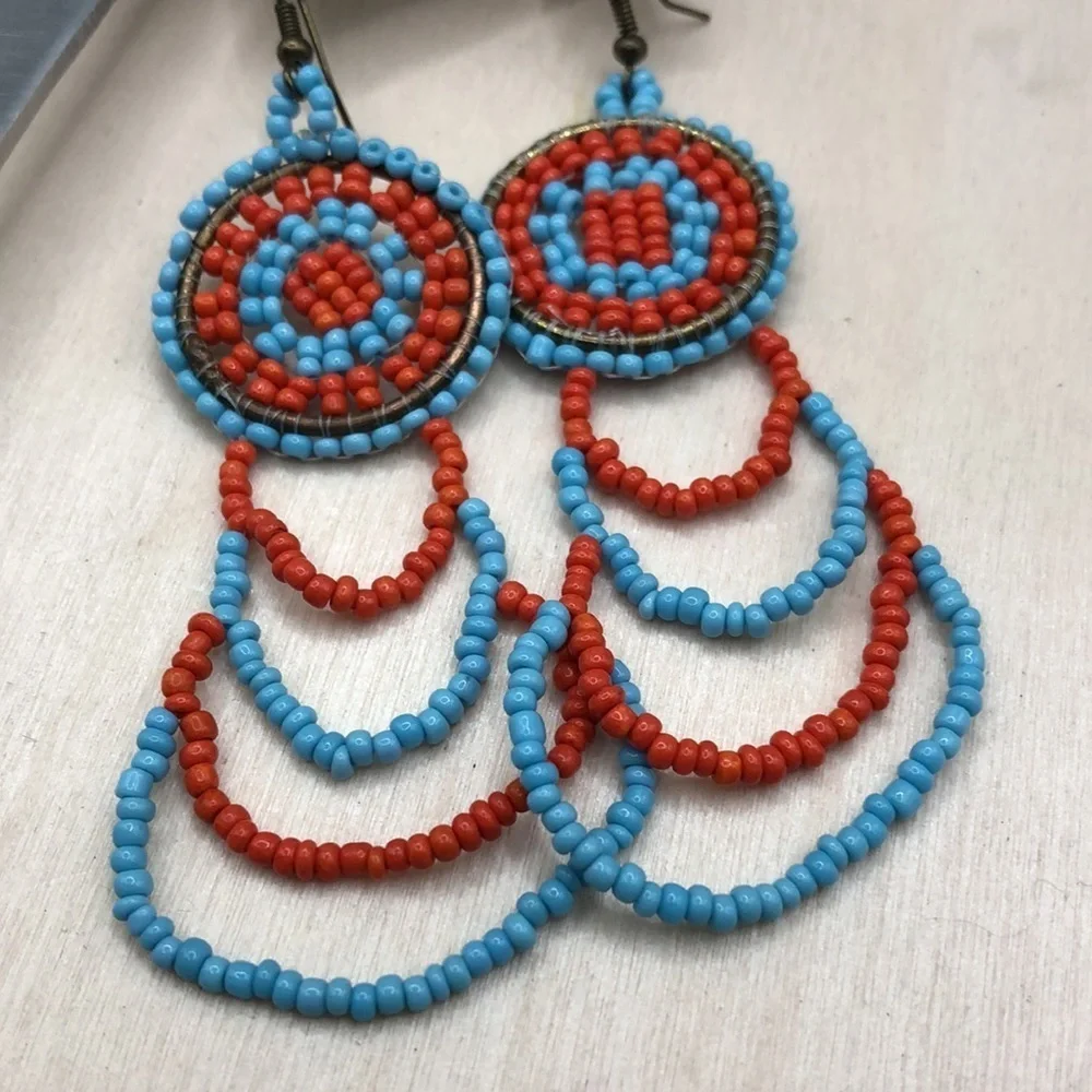 Handmade Artisan Southwestern Earrings Long Beaded Boho Festival Free Spirit